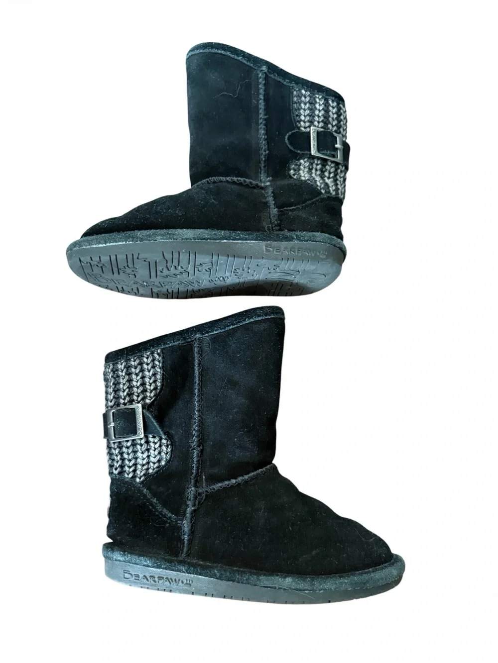 Bearpaw Bodie Toddler Black Suede Knit-Back Winter Shearling Boots-Size 10